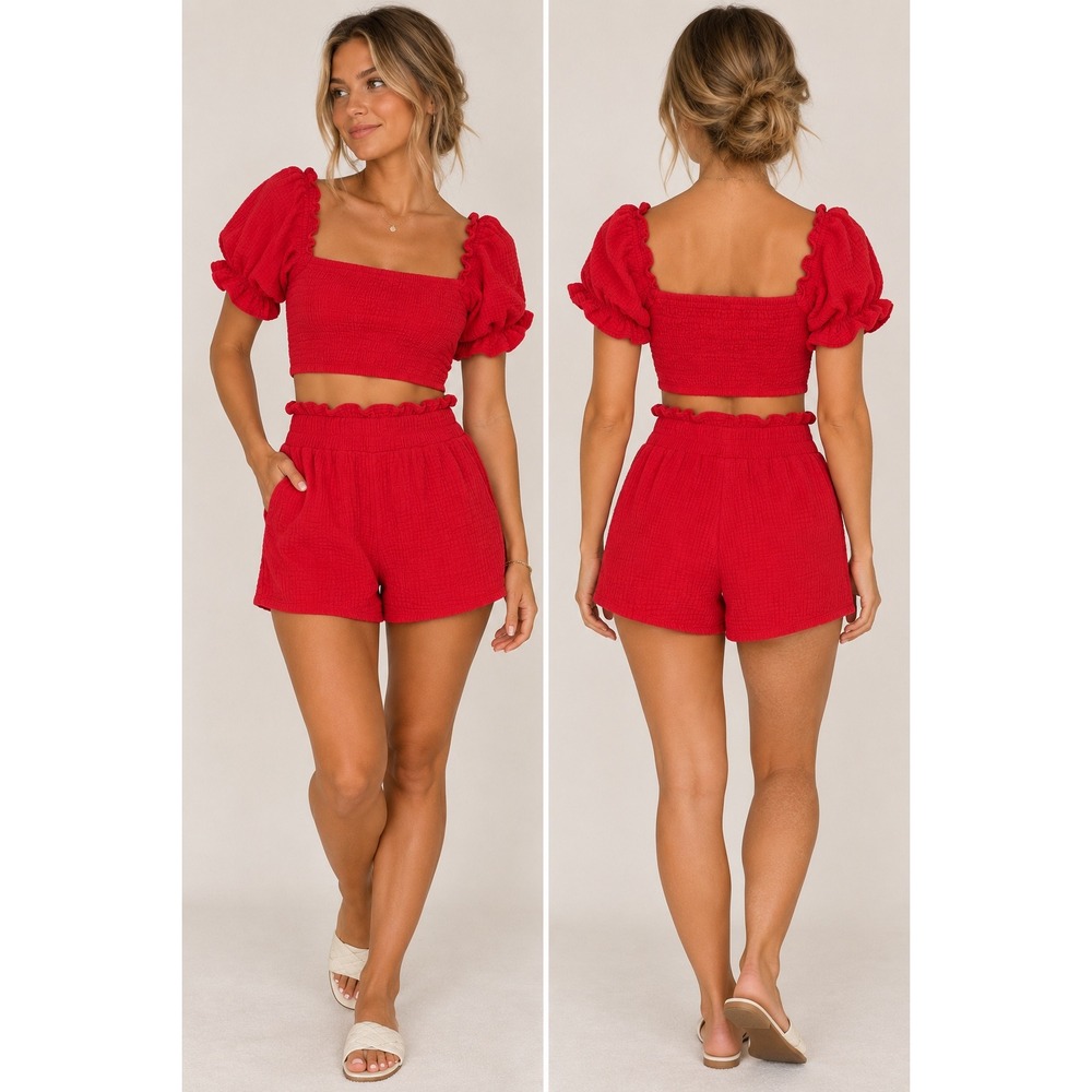 Day + Moon Red Smocked Puff Sleeve Crop Top & Shorts Set Size Small